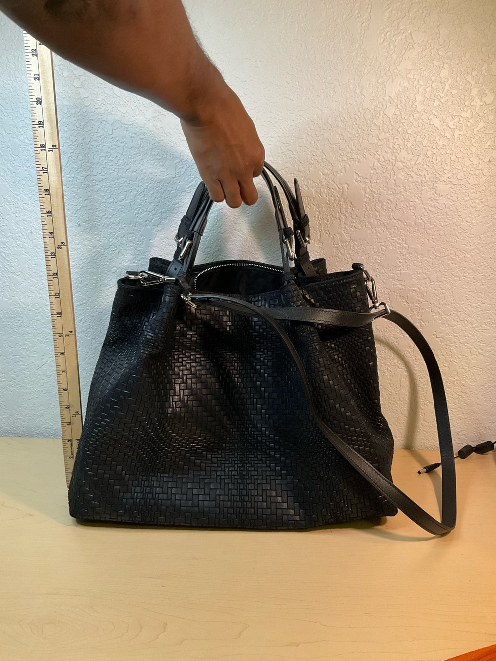 Italian Black Woven Genuine Leather Large Tote Shoulder Bag